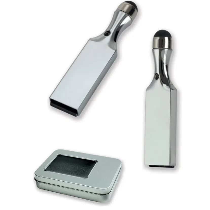 8 GB metal gövdeye sahip, lazer baskıya uygun USB bellek ve dokunmatik kalem kombinasyonu
