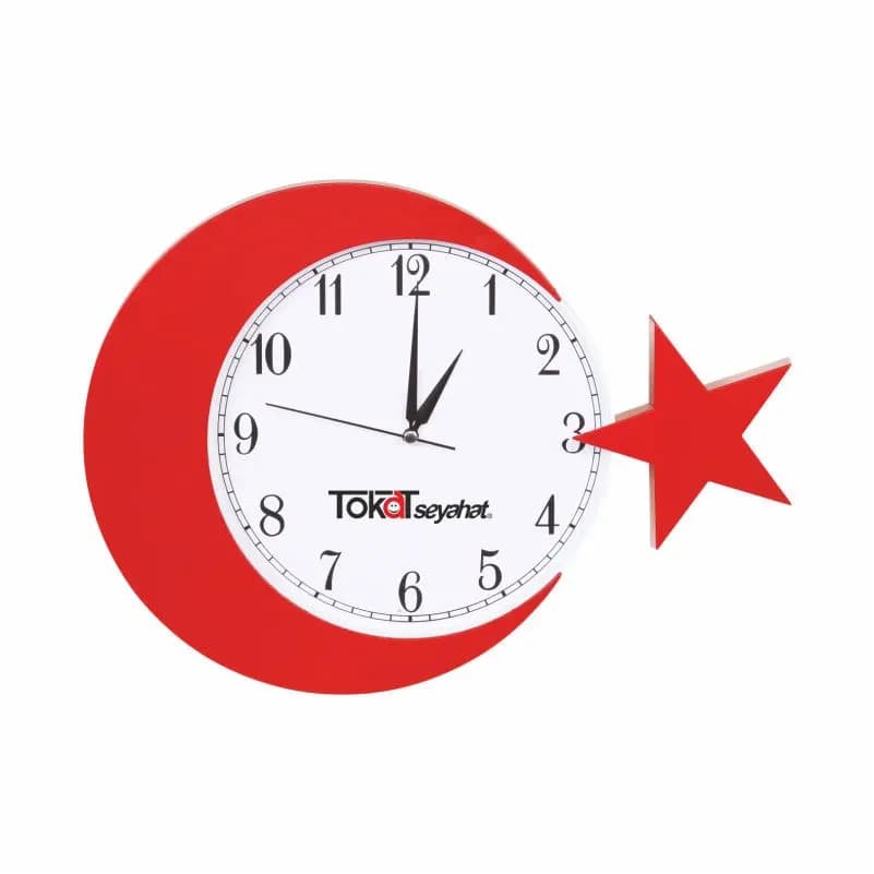 Kırmızı promosyon duvar saati, metal malzeme, yıldız detaylı tasarım. - Promosyonbank