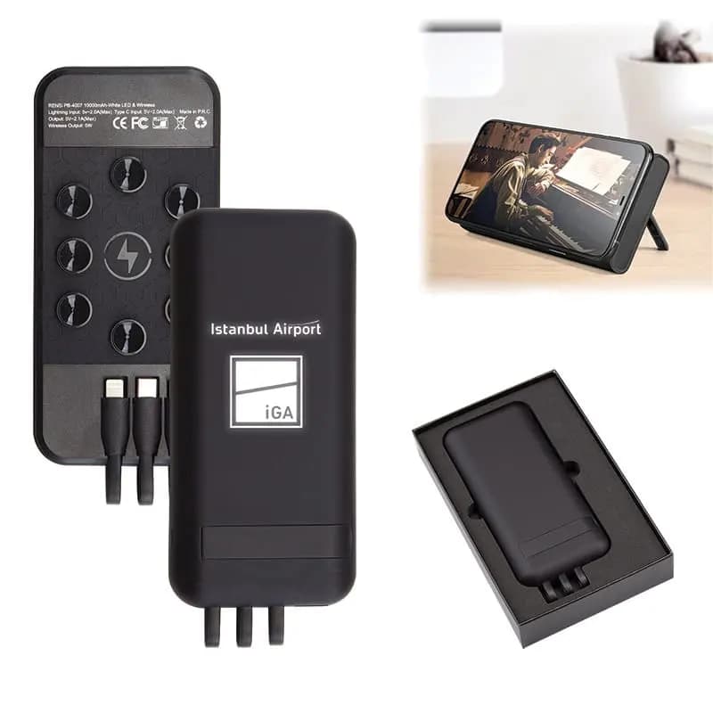 promosyon siyah powerbank 10.000 mAh, üç kablolu tasarım ve havalimanı baskısı