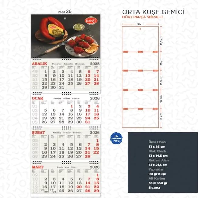 Orta kuşe kağıt kullanılan özelleştirilebilir masa takvimi