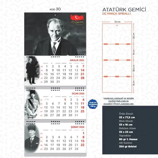 Atatürk temalı, kurumsal logolu özelleştirilebilir gemici takvimi