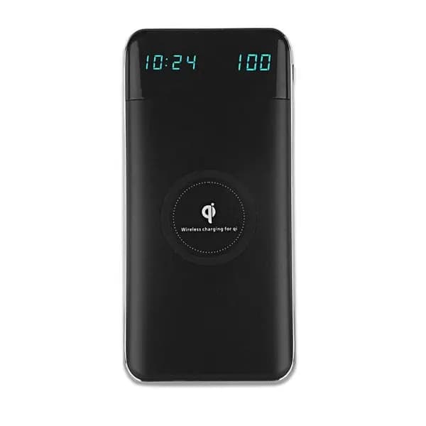 Promosyon siyah Wireless Powerbank, Işıklı ekranlı ve kablosuz şarj özelliğine sahip
