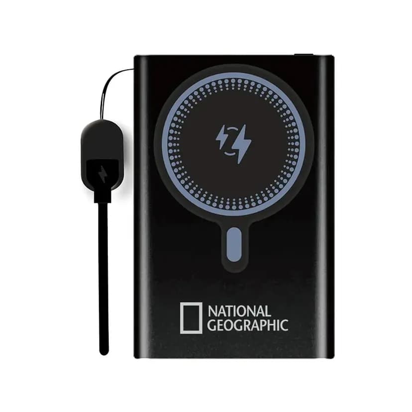 Promosyon siyah ve modern tasarıma sahip Powerbank 5.000 mAh, kablosuz şarj özelliği ile kullanıcı dostu