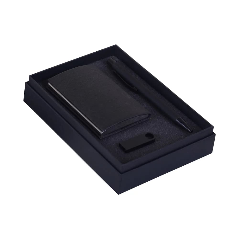 Siyah renkli, deri kartvizitlik ve metal USB bellek ile siyah metal kalem içeren VIP promosyon hediye seti