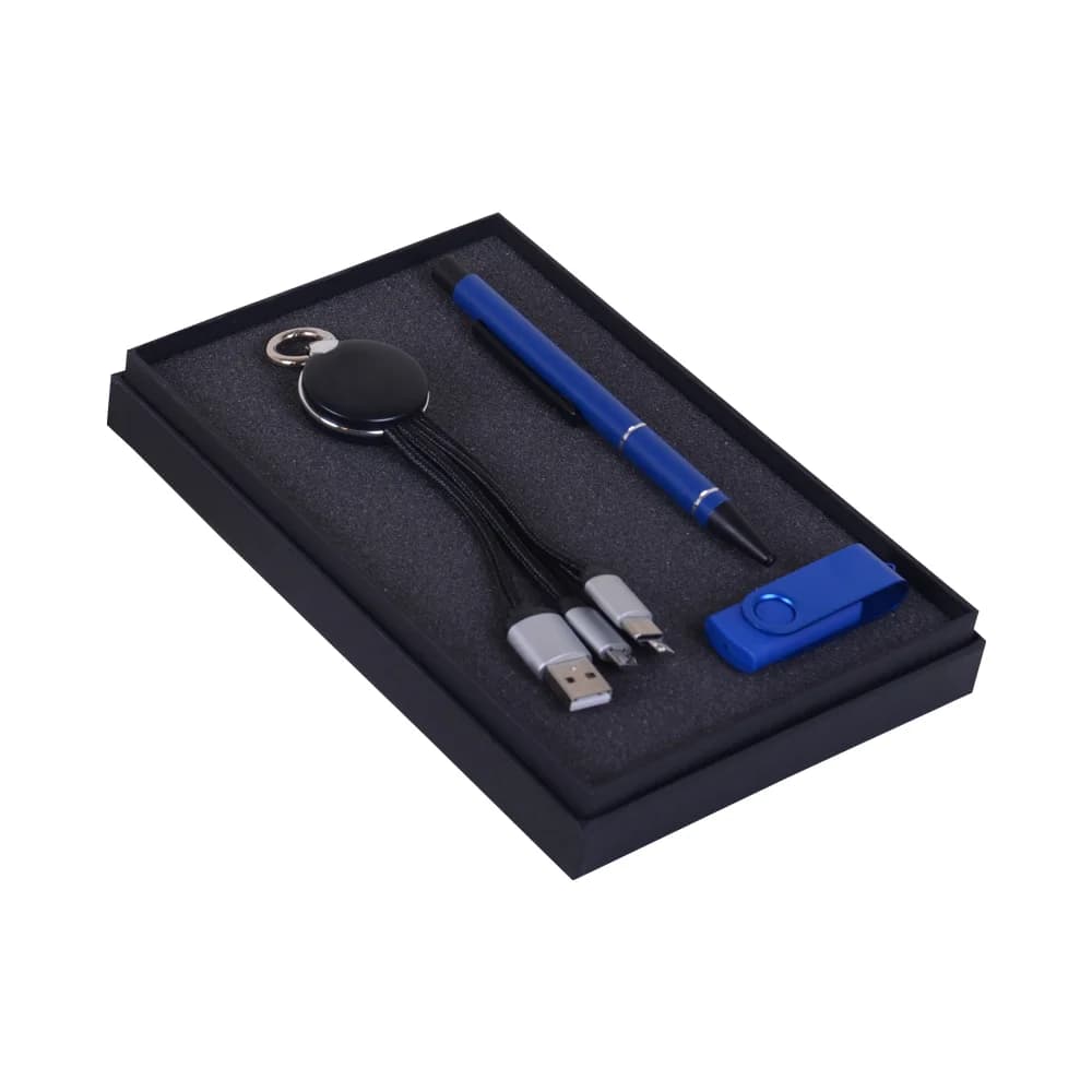 Siyah kutu içinde, mavi renkli metalik tükenmez kalem, mavi 8GB USB bellek ve üç başlıklı siyah çok amaçlı USB kablosu bulunan VIP promosyon hediye seti.