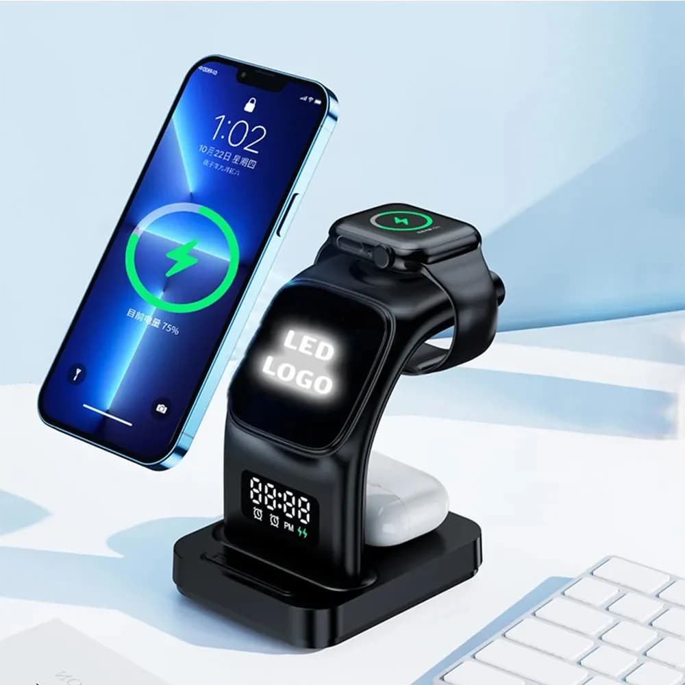 Siyah beş işlevli şarj istasyonu, dikey telefon yuvası ve kıvrık saat kolu, dijital göstergeli