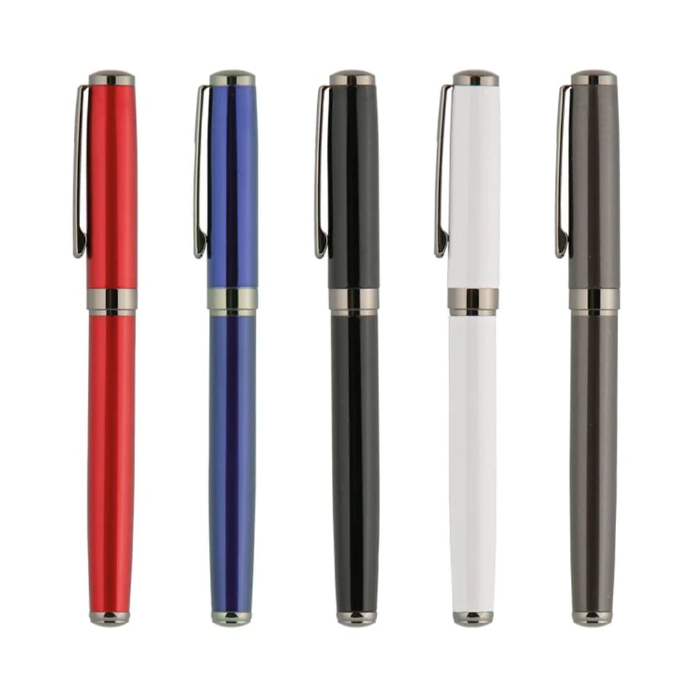 Beyaz, füme, kırmızı, lacivert ve siyah parlak metal roller kalem, gümüş klips