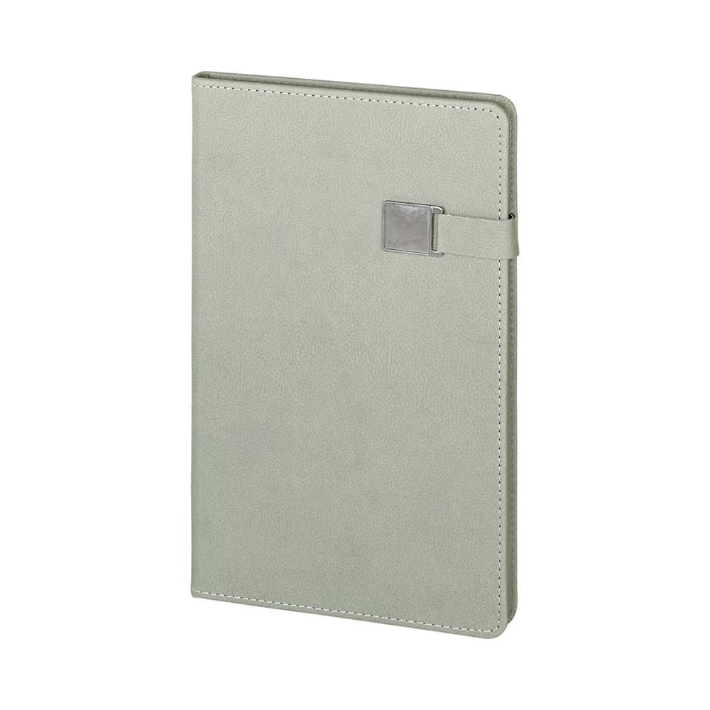Promosyon açık gri mat kapaklı defter, sağ üstte metal detay