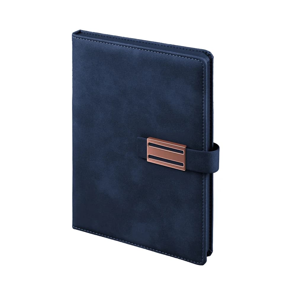 Promosyon lacivert kadife dokulu defter, kahverengi metal plakalı bant