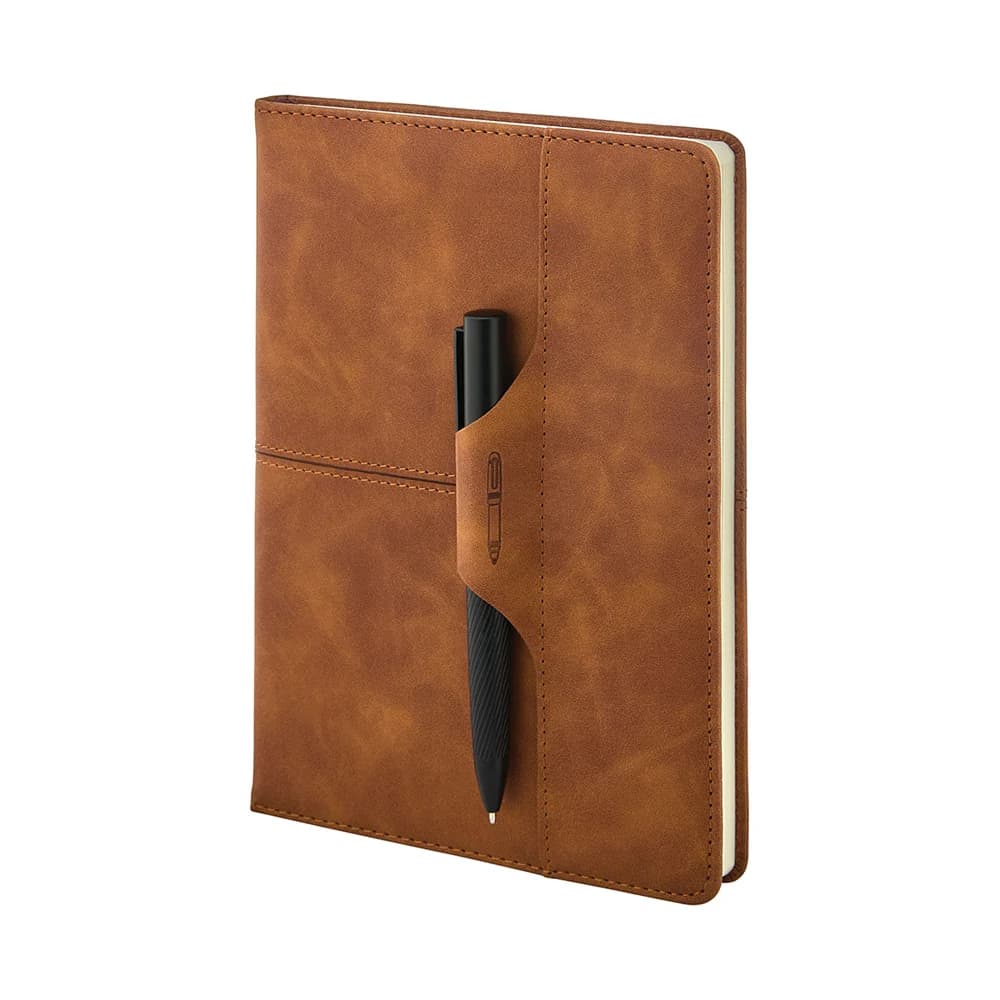 Promosyon açık kahverengi deri dokulu defter, iki kalem halkası
