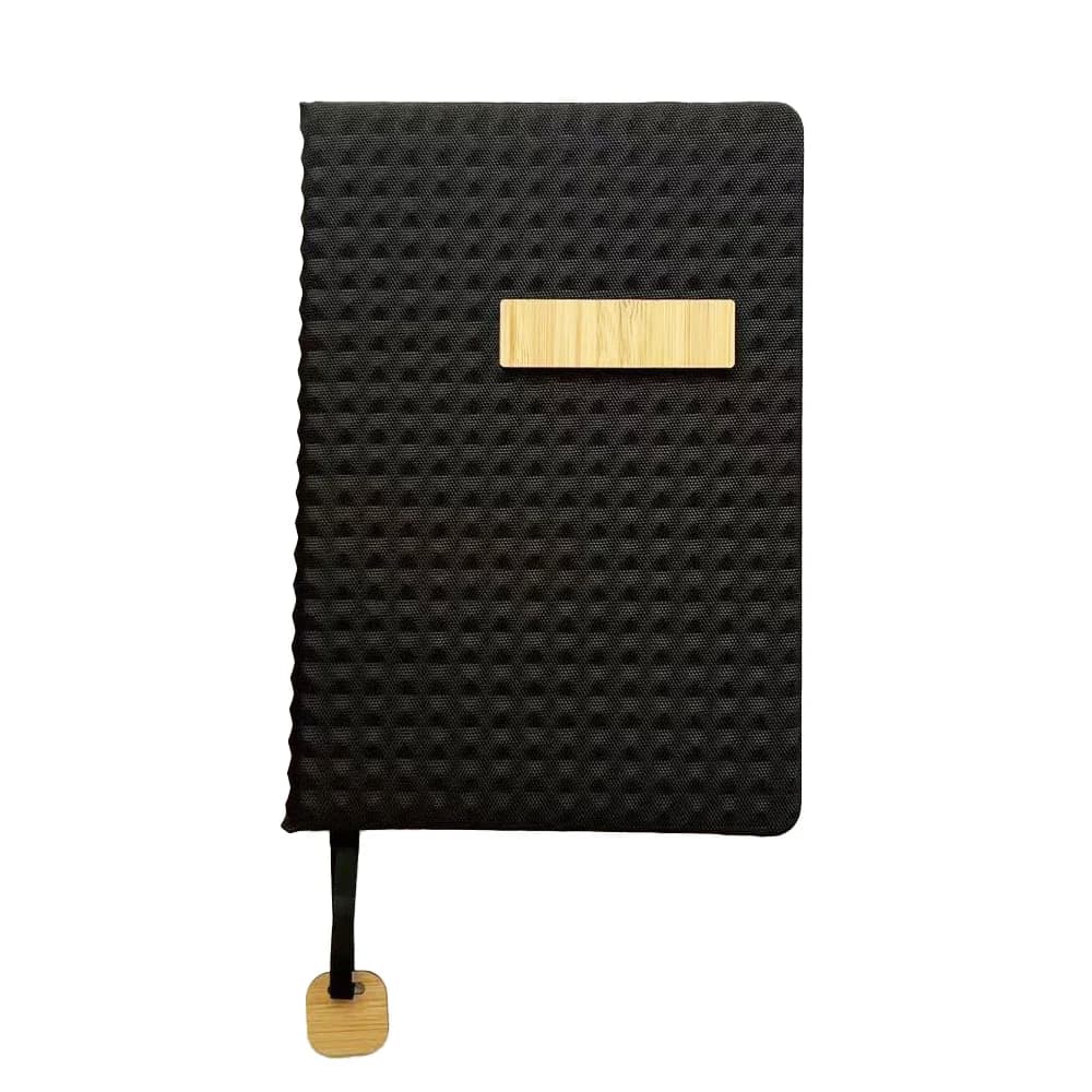 Promosyon siyah örgü dokulu kumaş kapaklı defter, altın plaka detayı