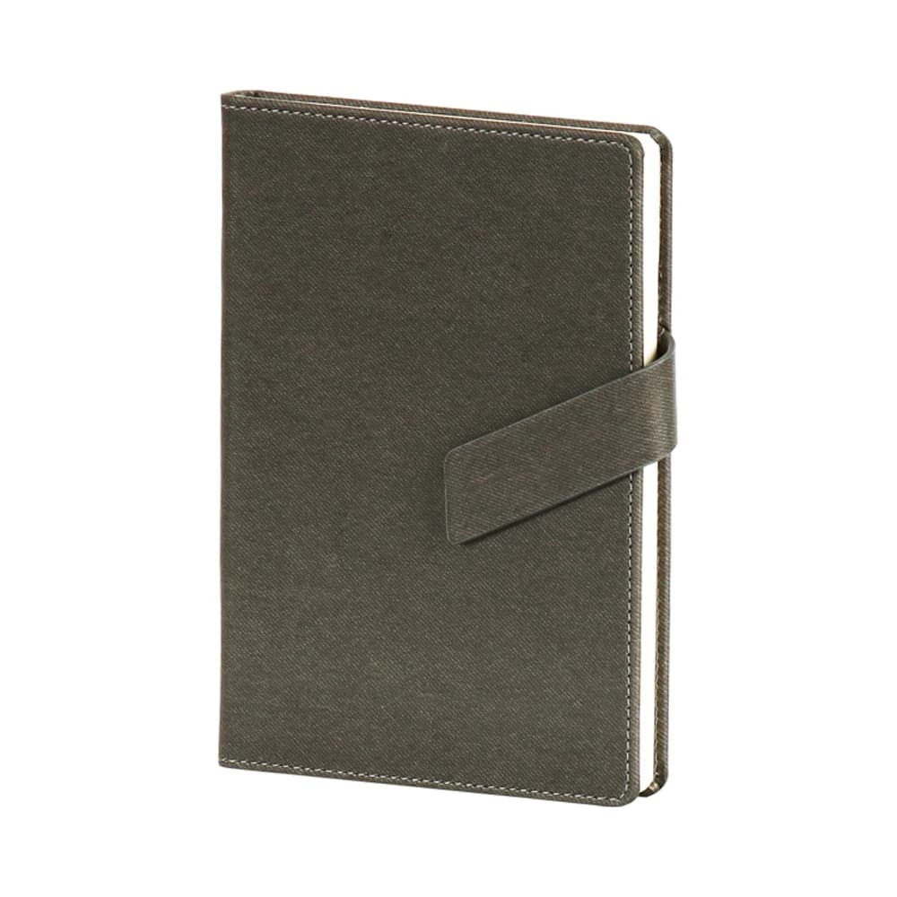 Promosyon haki kapaklı çizgili defter, lastik bant ve dikdörtgen toka
