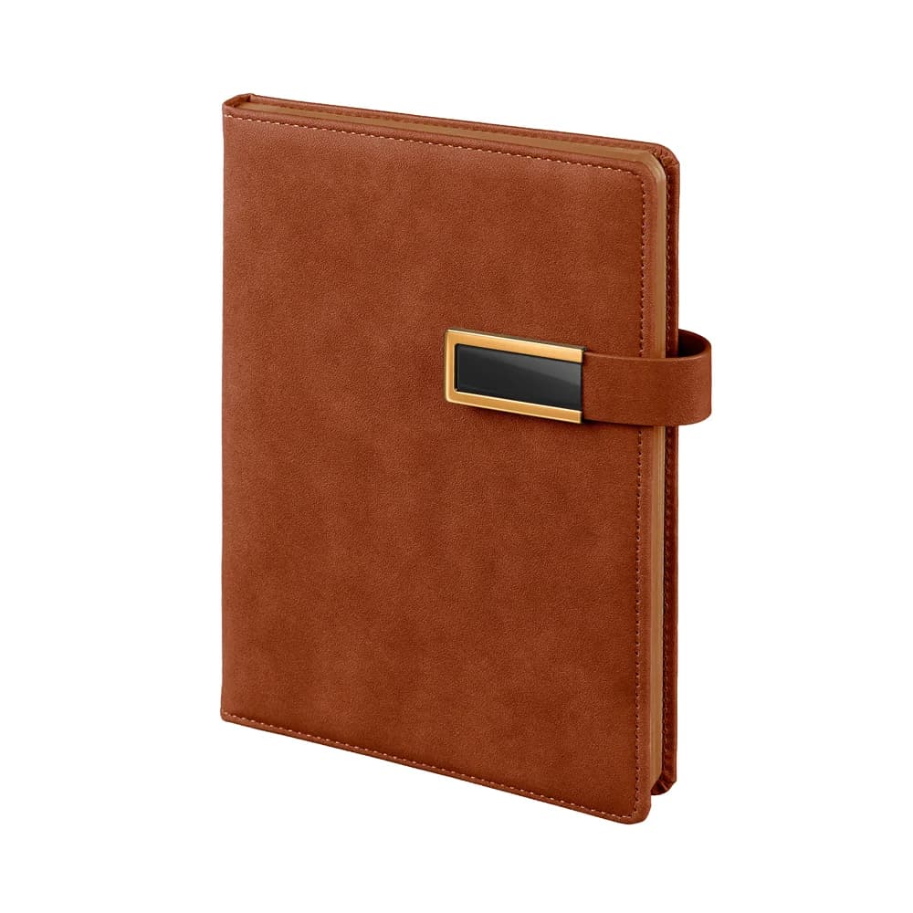 Promosyon açık kahverengi deri dokulu defter, metal plakalı toka