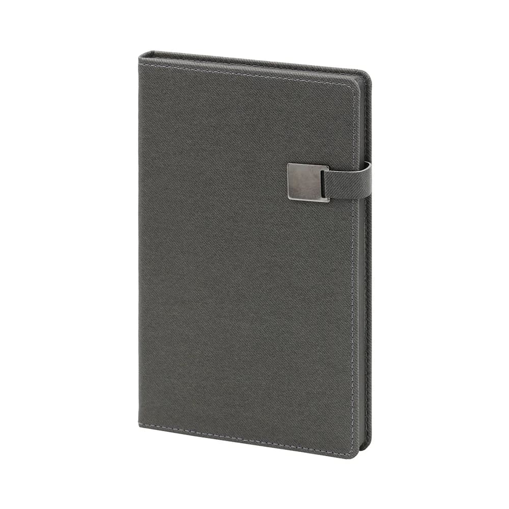 Promosyon koyu gri termo deri kapaklı defter, kısa lastik ve metal toka