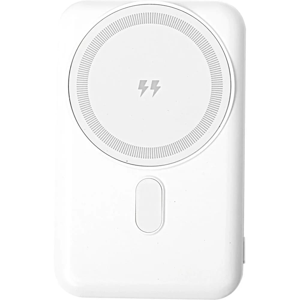 Beyaz MagSafe powerbank, dört kademeli LED gösterge ve manyetik halka.