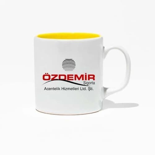 İçi sarı promosyon seramik kupa, amblemli kurumsal baskı, beyaz gövde