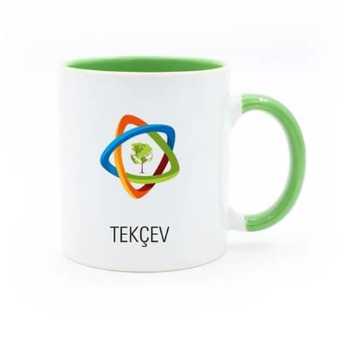 İçi ve kulpu yeşil beyaz promosyon kupa; çevre vakfı logosu baskılı