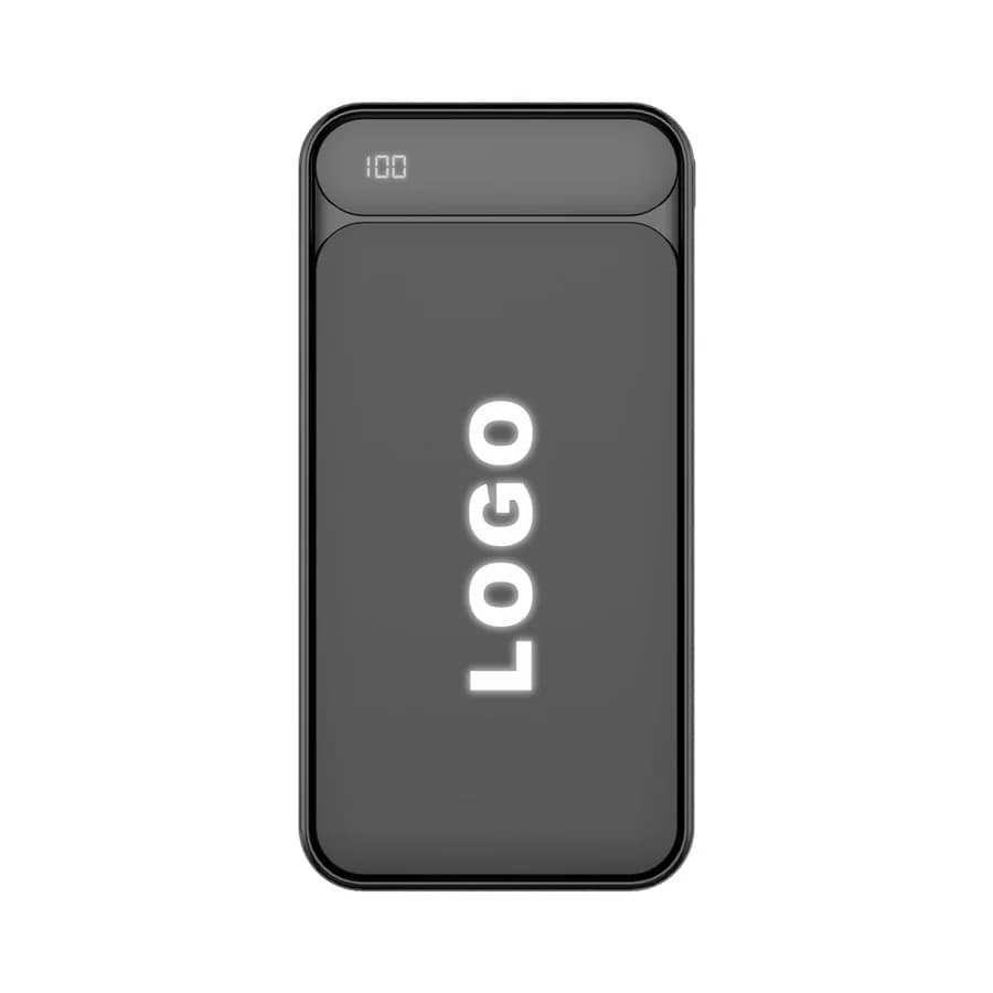 Koyu gri ince powerbank önden, dikey logo alanı ve üst gösterge