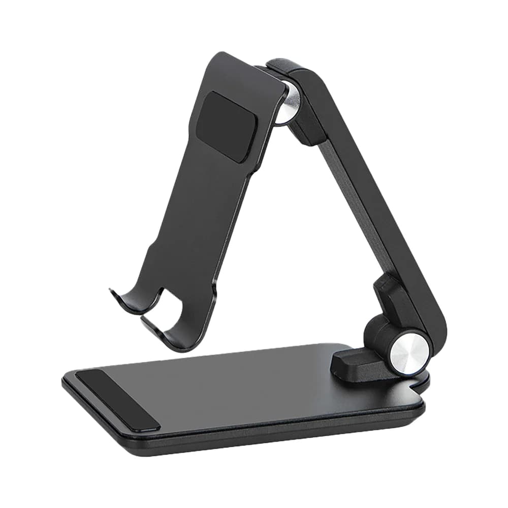 Siyah katlanır kollu telefon ve tablet standı, yatay telefonlu, çift eklemli