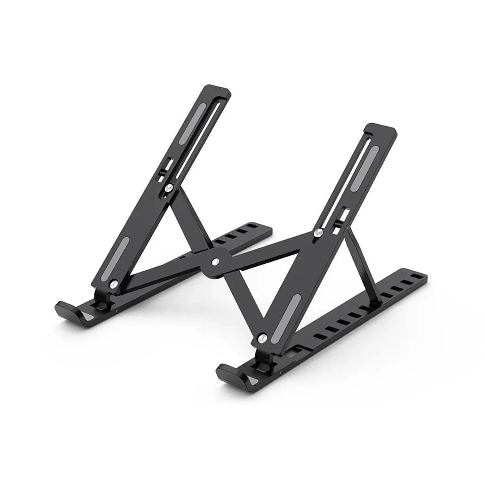 Siyah metal katlanır laptop standı, X biçimli açılı, çok kademeli