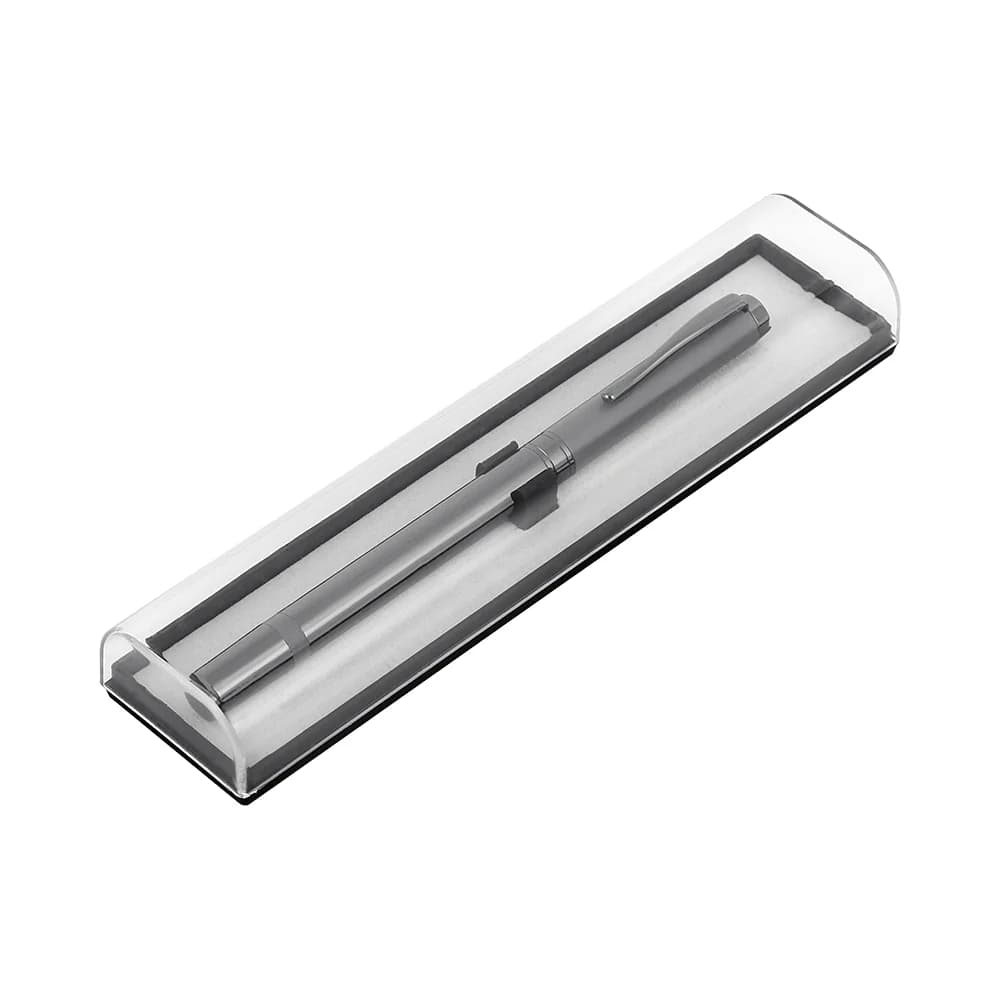 Gri metal roller kalem, şeffaf sert kılıf ve siyah detay