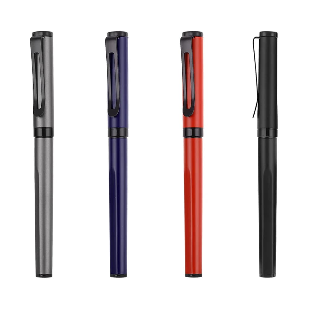 Füme, kırmızı, lacivert ve siyah parlak metal roller kalem, renkli klips