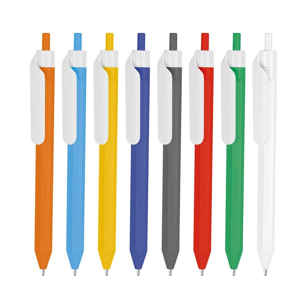 Çok renkli parlak plastik tükenmez kalem, beyaz klips