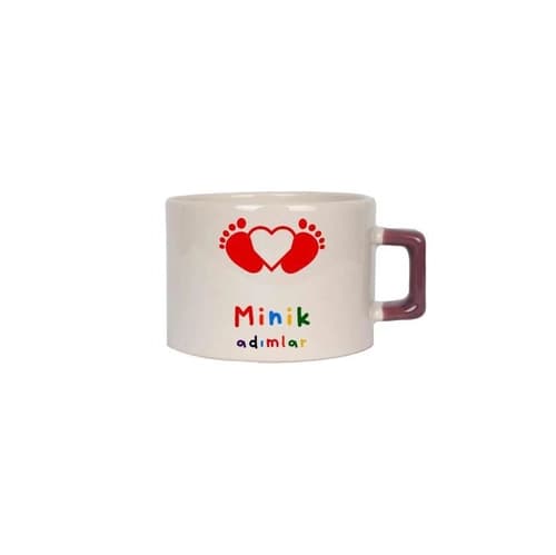 Beyaz promosyon Nescafe fincanı; pembe kulplu, bebek temalı renkli baskı