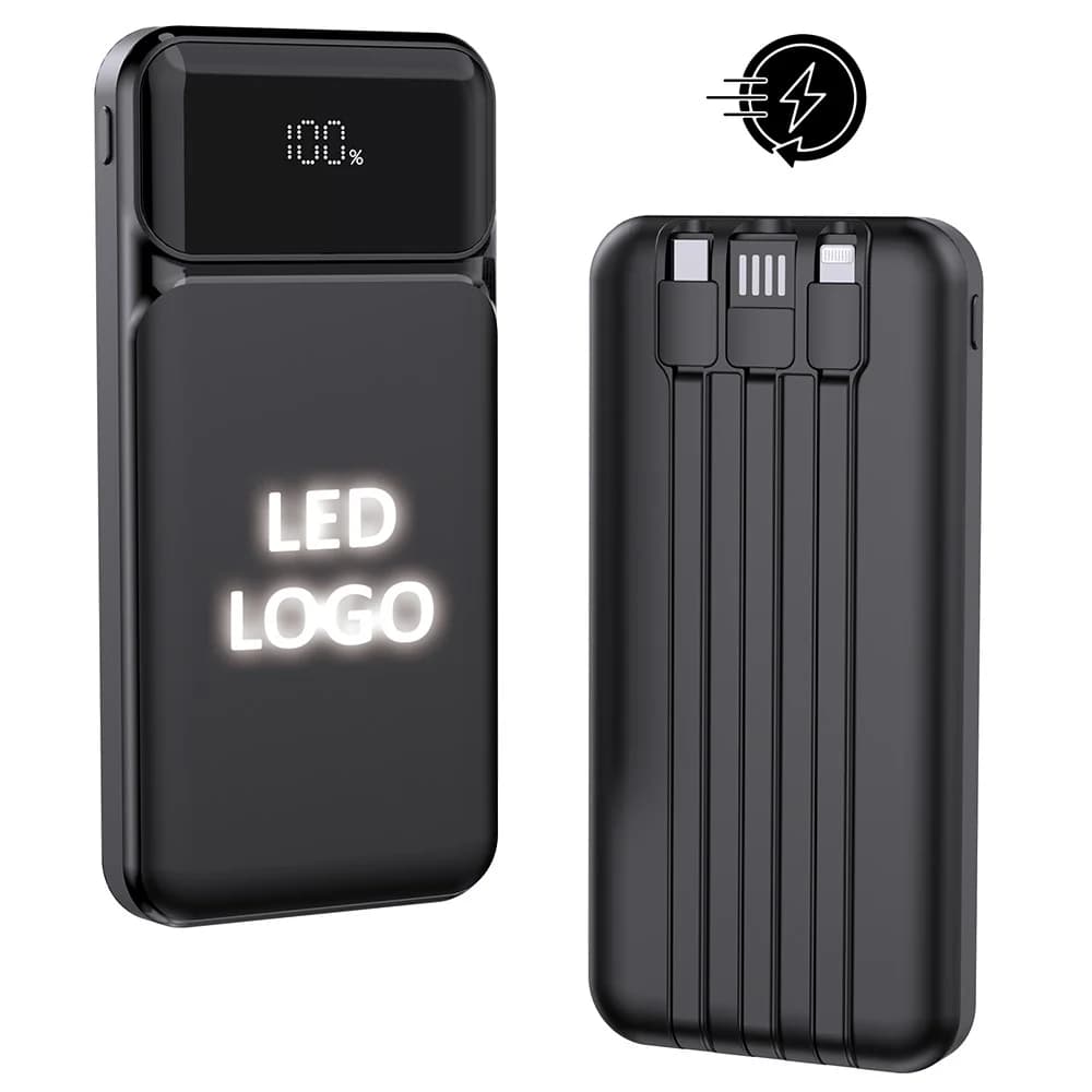 Promosyon powerbank 10000 mAh, kauçuk gövdeli, dijital göstergeli, dahili kablolu model