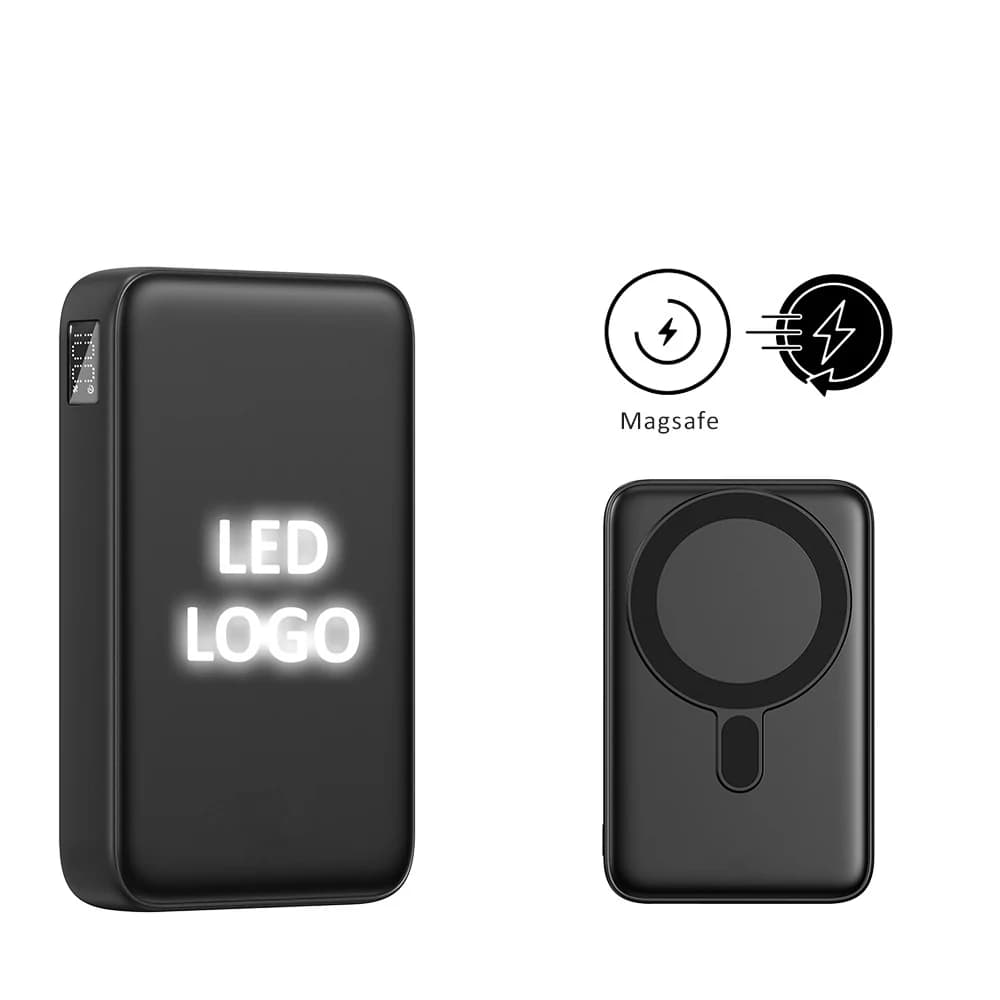 Promosyon powerbank 10000 mAh, ışıklı logo alanı ve arkada manyetik şarj halkası