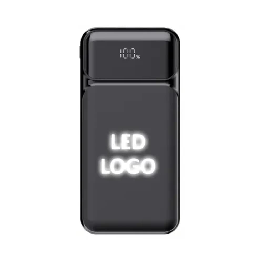 Siyah powerbank ön yüz, dijital yüzde 100 göstergesi ve ışıklı logo alanı