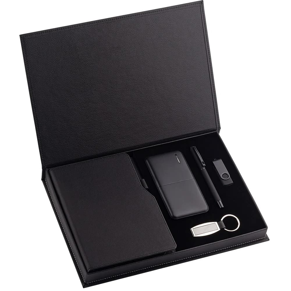Promosyon üst segment hediye seti, defter ve kalem ve usb, siyah sunum kutusu