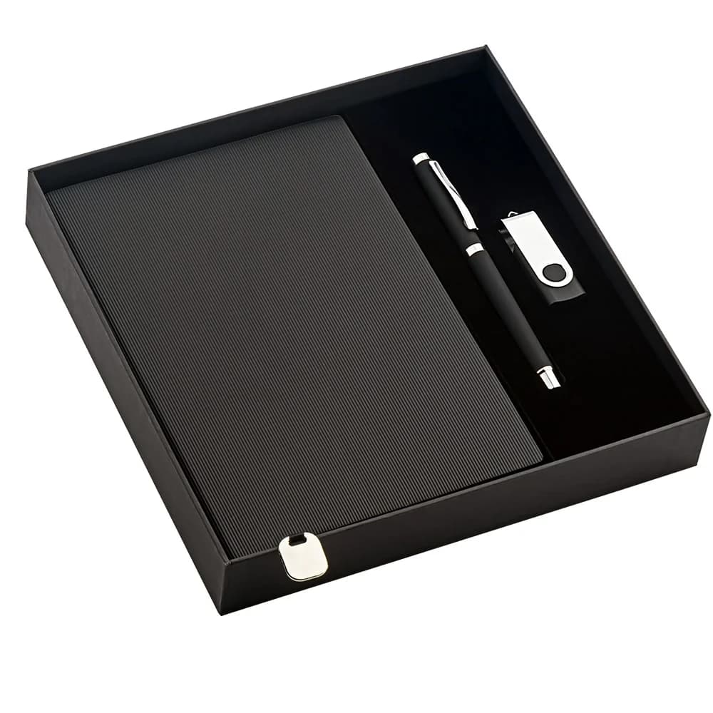 Promosyon üst segment hediye seti, defter ve kalem ve usb, siyah sunum kutusu