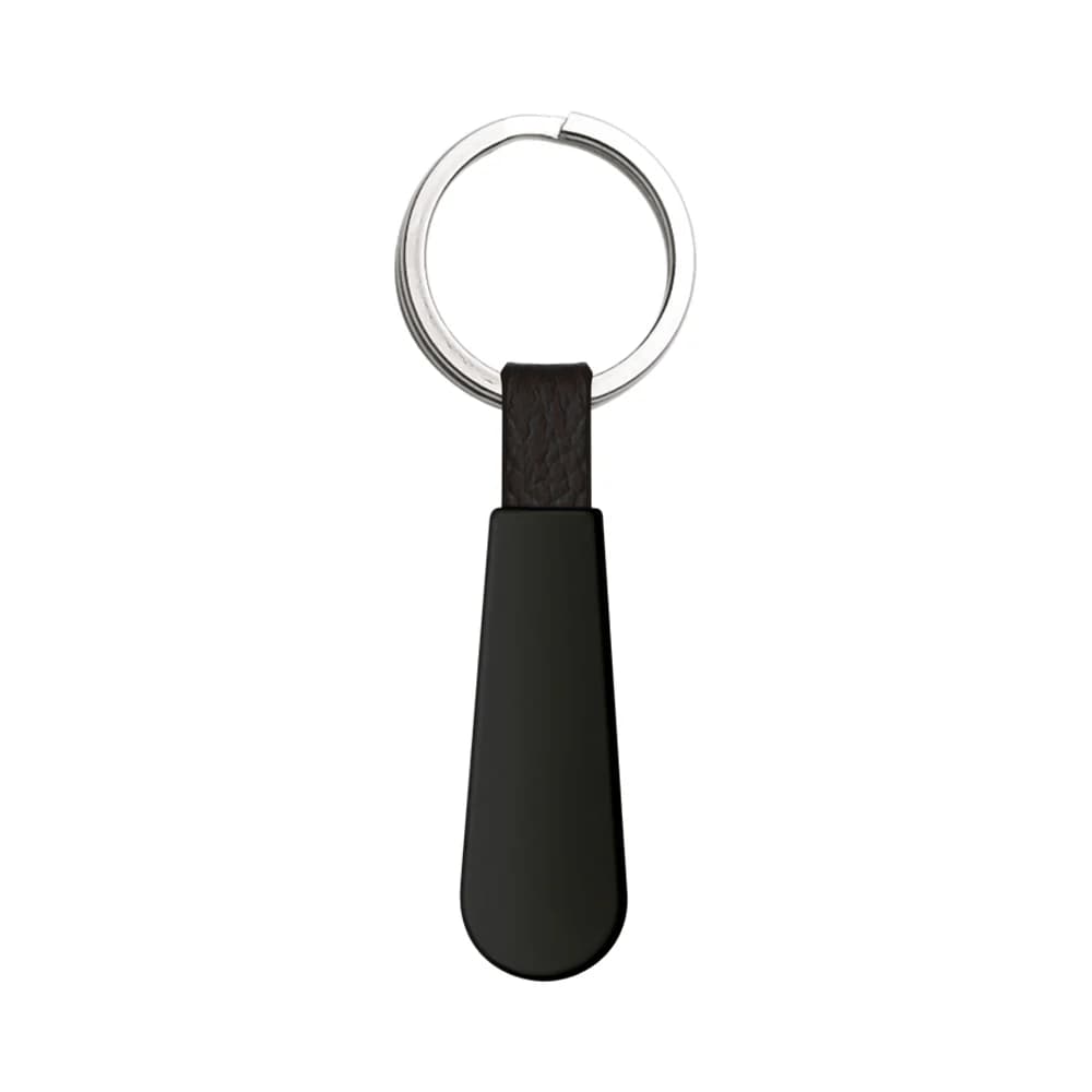 Promosyon siyah deri görünümlü uzun damla anahtarlık, gümüş metal halka