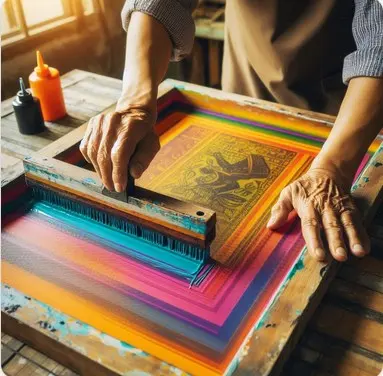 Serigraf baskıya uygun kumaş yüzeyde renkli desenlerin yer aldığı sanat eseri