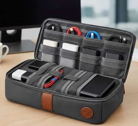 Seyahat sırasında cihazlar için güvenli şarj sağlayan powerbank organizer
