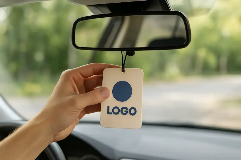 Otomobillerde kullanılmak üzere tasarlanmış, markalı promosyon oto kokusu