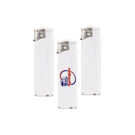 8 cm x 2,2 cm boyutlarında siboplu uzun boy manyetolu beyaz promosyon çakmak genel görünümü.