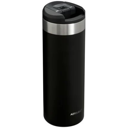 Gümüş ve siyah renkli, şık tasarımlı taşıması kolay, termos yapısı kılıflı su matarası.