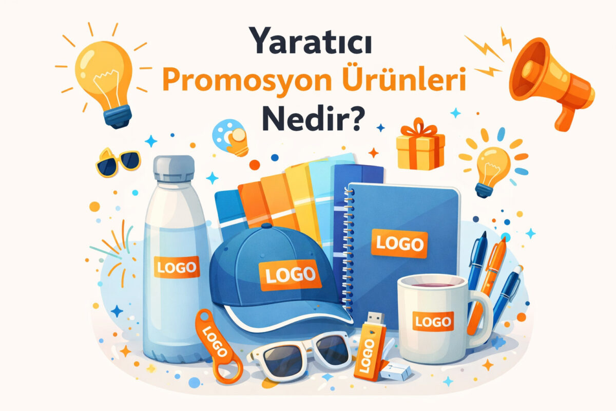 Yaratıcı promosyon ürünlerini temsil eden logolu şapka, matara, defter, kupa ve kalemlerden oluşan renkli tanıtım görseli.