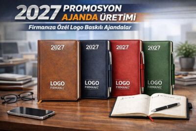 Masa üzerinde farklı renklerde 2027 promosyon ajandalar, kapaklarında yıl ibaresi ve firma logosu bulunan deri ajanda modelleri ve açık plan sayfası.