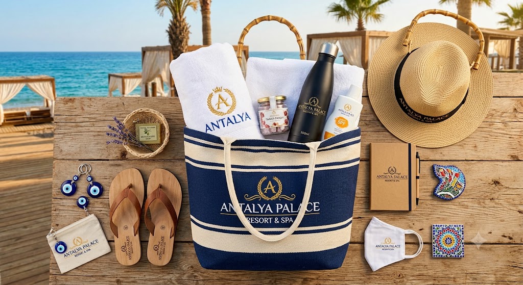 Antalya otel promosyon ürünleri setinde yer alan logolu plaj çantası, nakışlı beyaz havlu, mat siyah termos, hasır şapka ve deri parmak arası terlik modellerinin ahşap zemin üzerindeki deniz manzaralı görünümü.