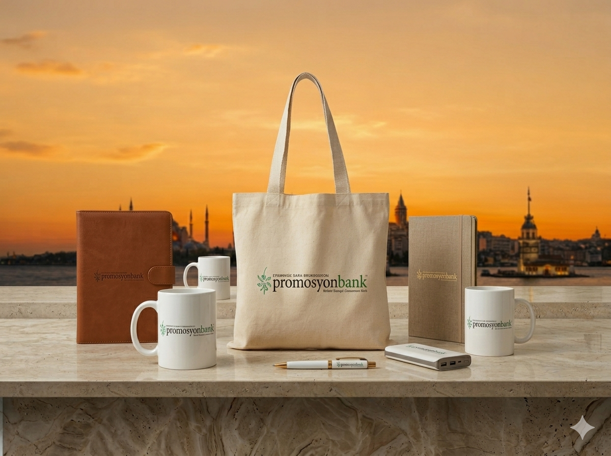 İstanbul Kız Kulesi manzarası önünde, parlatılmış mermer tezgah üzerinde 'Promosyonbank' logolu bez çanta, kupalar, ajandalar, kalem ve power bank seti.