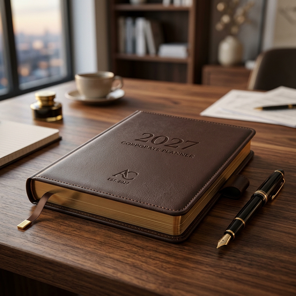 2027 Yılının En Trend Promosyon Ajanda, Defter ve Organizer (Sekreterlik) Tasarımları Ahşap lüks ofis masasında duran 2027 yılına özel hakiki deri kapaklı kurumsal promosyon ajanda