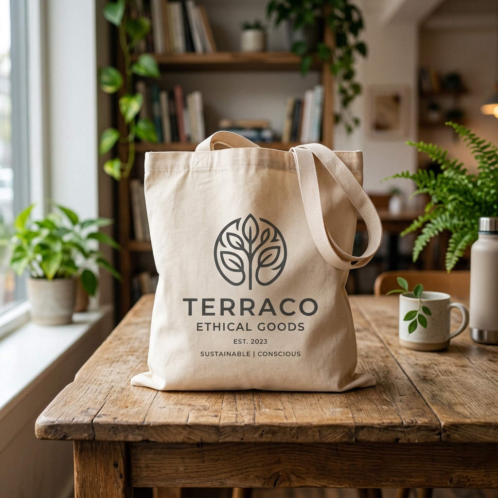Fuar ve Etkinliklerin Yıldızı: Doğaya Dönüş Temalı Ham Bez Çantalar ve Fiyat Avantajları Ahşap masa üzerinde minimalist kurumsal logo tasarımlı doğa dostu promosyon ham bez çanta (Tote Bag)