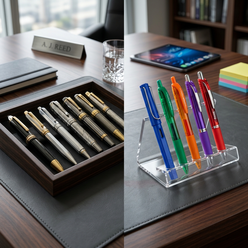 Promosyon metal kalem ve plastik kalem modellerinin lüks kurumsal ofis masasında karşılaştırması