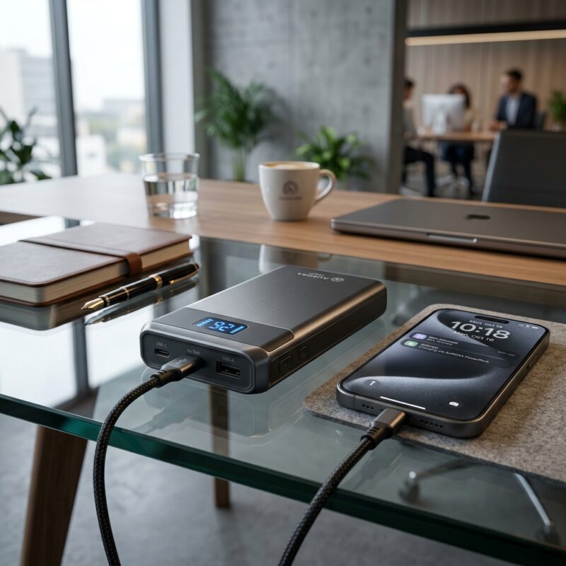 Ofis masası üzerinde duran yüksek teknoloji kurumsal logolu promosyon powerbank ve akıllı telefon