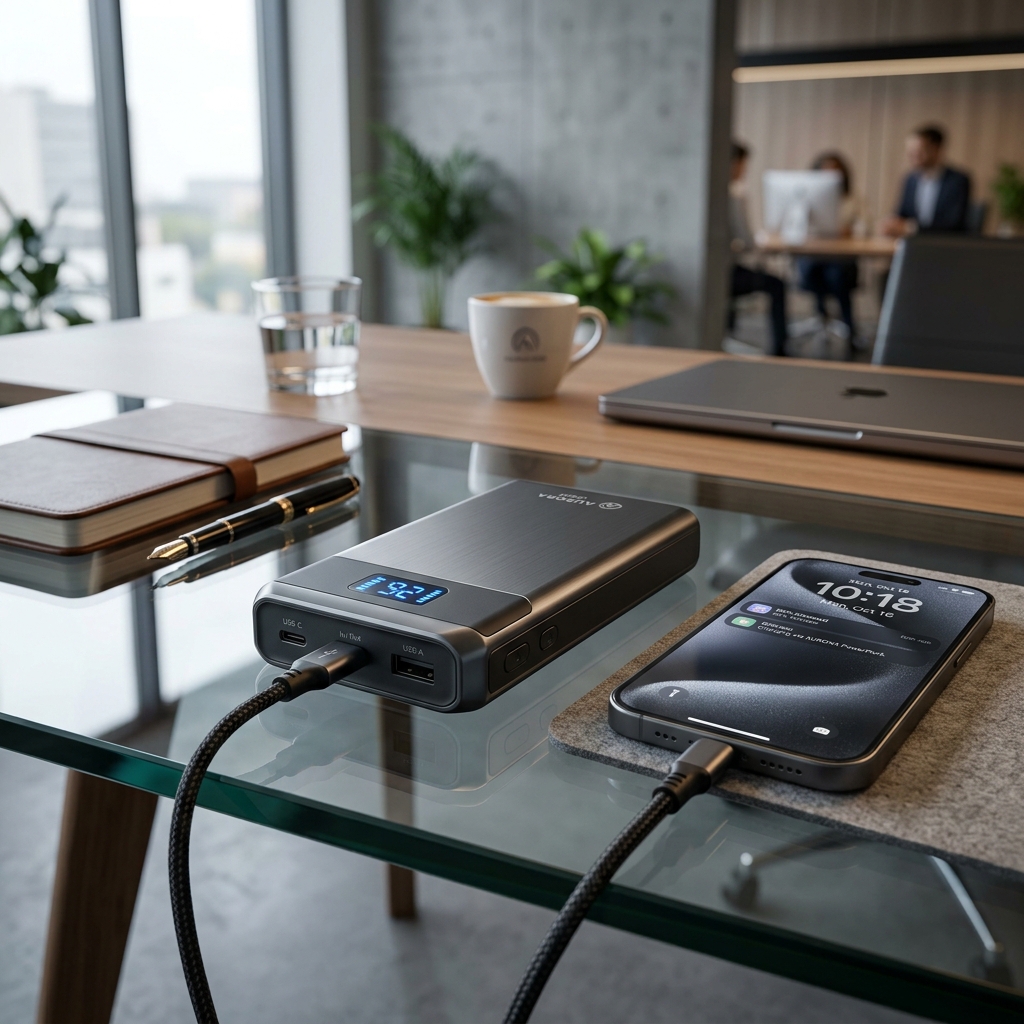 Promosyon Powerbank Satın Alırken Dikkat Edilmesi Gereken mAh Kapasiteleri ve Batarya Güvenliği Ofis masası üzerinde duran yüksek teknoloji kurumsal logolu promosyon powerbank