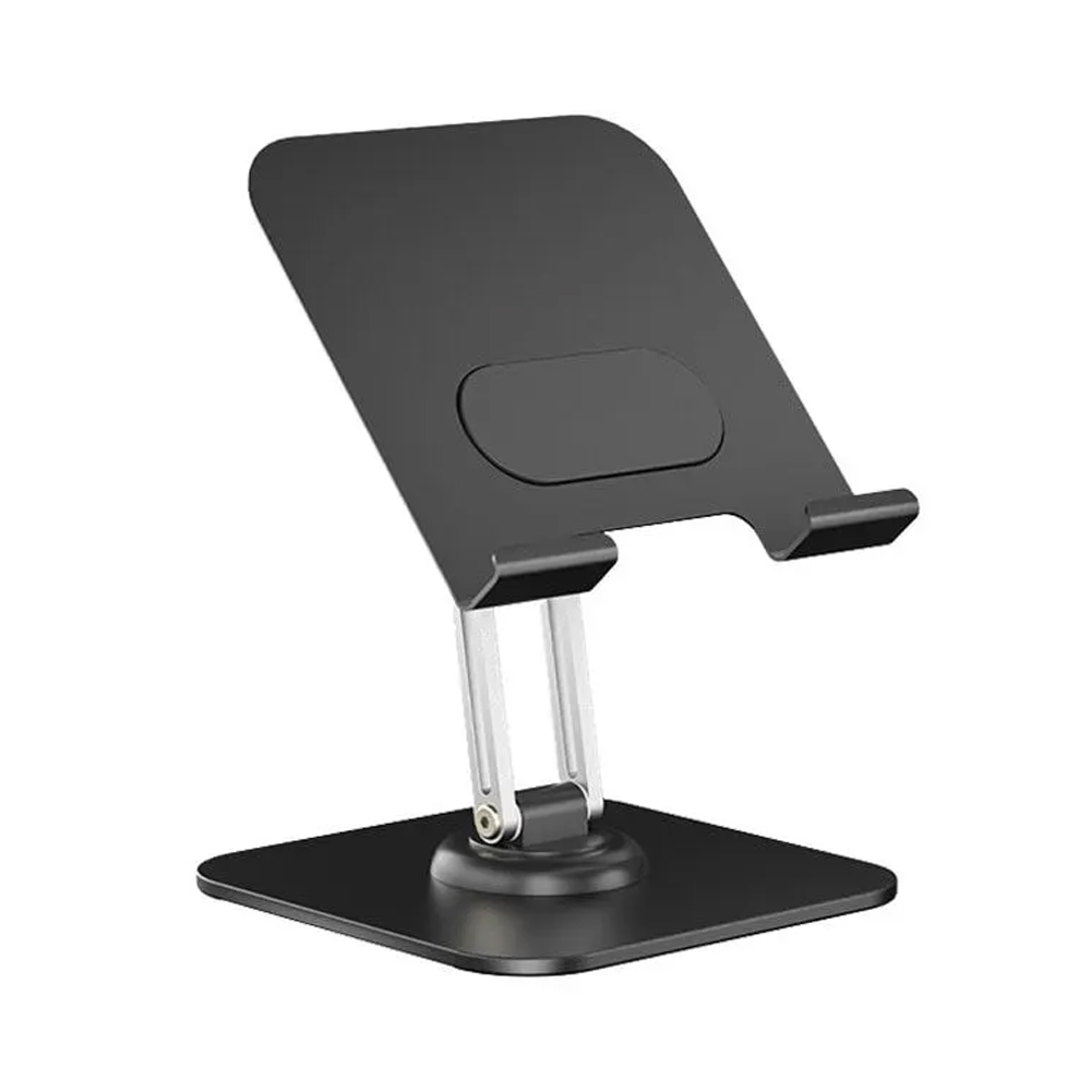 Siyah renkli, ayarlanabilir metal destekli bir tablet standı.