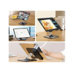 Görüntüde, siyah metalik stand üzerinde farklı açılarda konumlandırılmış, ekranında çeşitli uygulamalar açık olan, şık ve modern tasarıma sahip Tablet (Model Kodu: 34210) yer alıyor.